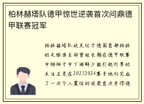 柏林赫塔队德甲惊世逆袭首次问鼎德甲联赛冠军